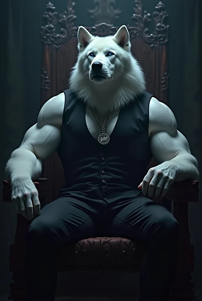muscular velues as the king sits on the throne, serious expression, sheen, velues, an anthropo (Light gray wolf), one year, a muscular old man, facial hair, extremely detailed muscle, detailed Face, Face, detailed eyeballs, eyeballs, Pose dinânica, detailed muscle, realistic rendering, CG realistic, realistic 3D, fot, fund, White tank top, walking on the gym treadmill