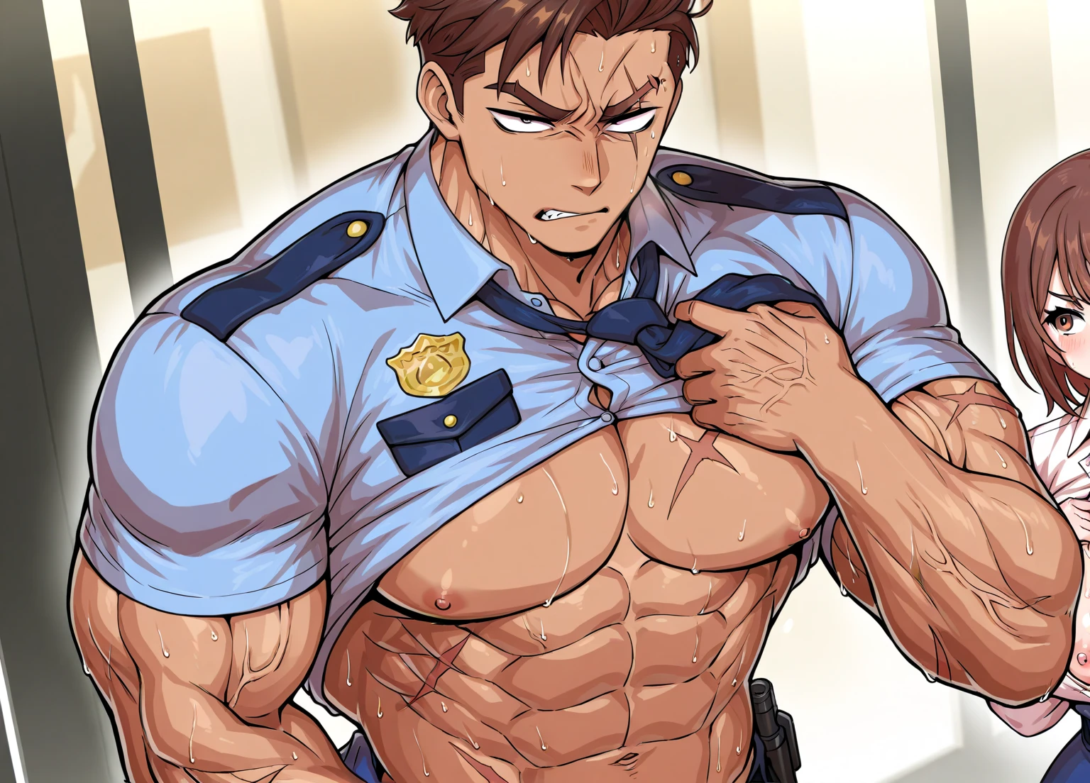 Un musculoso hombre con traje de policiasin camisa