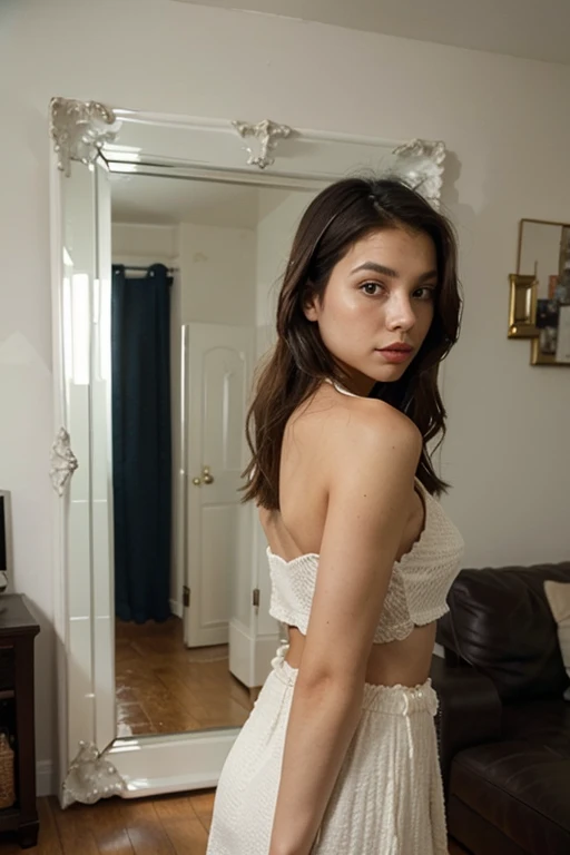 photo ultra réelle de corps féminin en lingerie montrant ses fesses nu