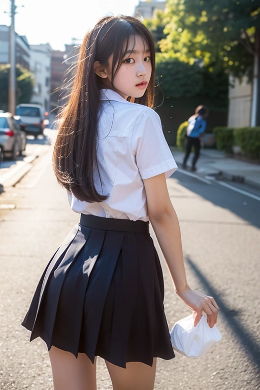((Best quality, 8k, Masterpiece :1.3)), Sharp focus :1.2, 1 cute girl, (((very short skirt))), (smile:1.15),(closed mouth), Highly detailed face and skin texture, Detailed eyes, (Round Face:1.6), crowded city, ((thighs)), ((back view))