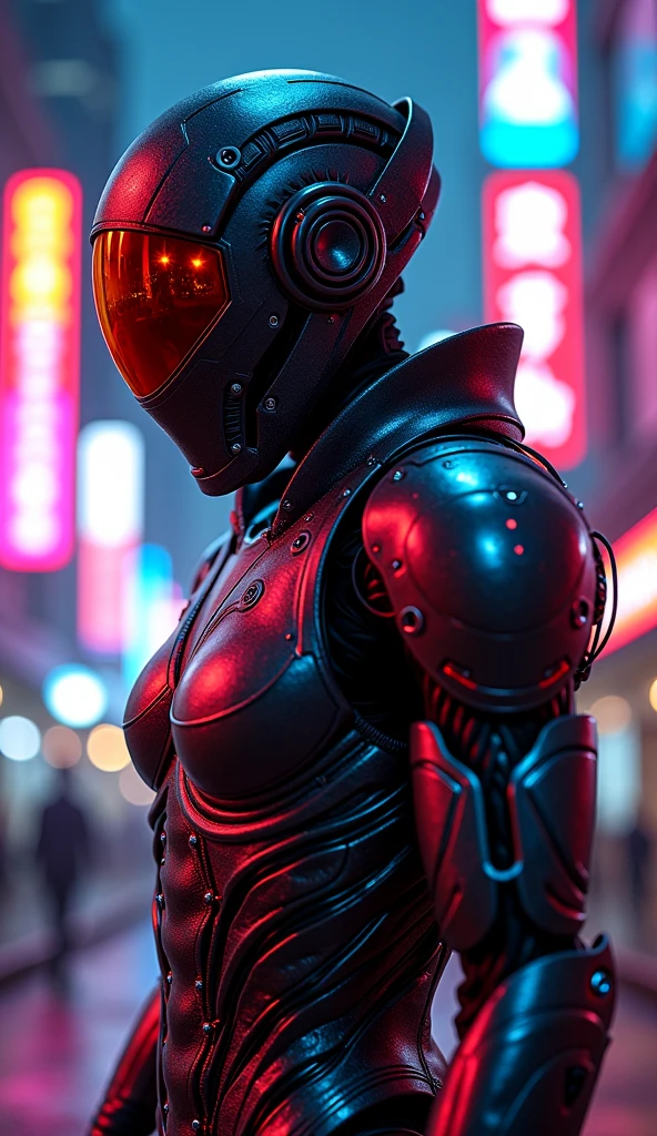 ### **Clothing and Equipment:**
- **cybernetic armor:** Multiple parts of 87's body are covered in cybernetic armor plates integrated into his body., especially on the shoulders, forearms, torso and legs. These plates are made of a dark metallic material and have a futuristic design, with visible circuits that emit a faint glow when he uses his enhanced abilities.
- **muka:** His face is covered by a helmet with a highly technological and futuristic visor, The helmet is a dark color with a dark visor., attached to the helmet are some equipment such as flashlights and lasers.