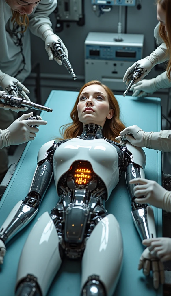Female T-888 with skin like human covered around endoskeleton full the body is lying on the table. It’s shutting down
Cameron Philips (T-900) uses a knife and cuts T-888’s skin on the chest, takes off the skin’s flap