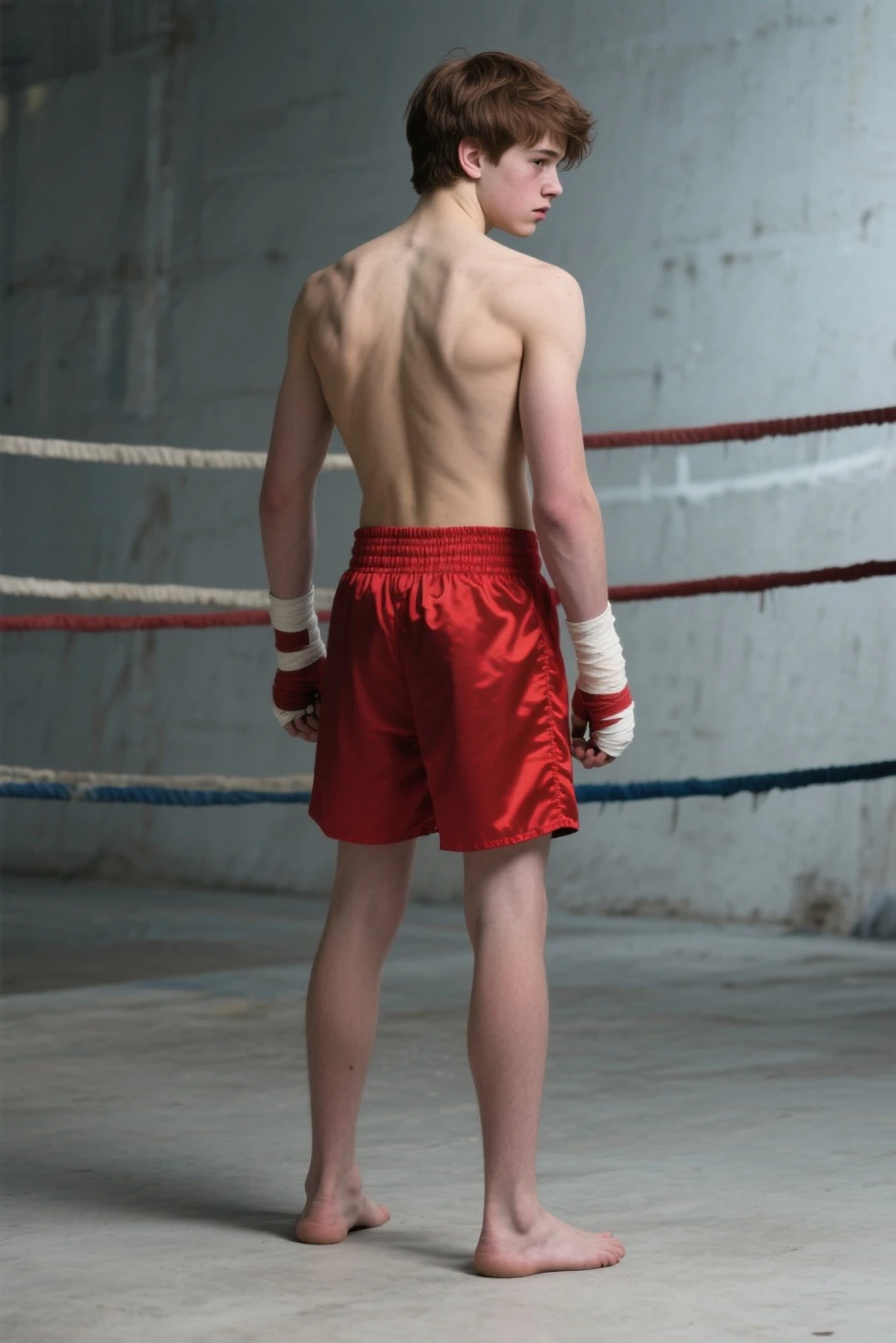 warehouse style boxing gym, brick wall, high ceiling, a boxing ring, punching bag hanging from ceiling, standing, look of determination, DmitryOsten wearing (white tank top), (green boxing shorts), socks, (red boxing boots), (red boxing gloves), boxing pose, (((full body portrait))), wide angle  <lora:DmitryOsten:0.8>