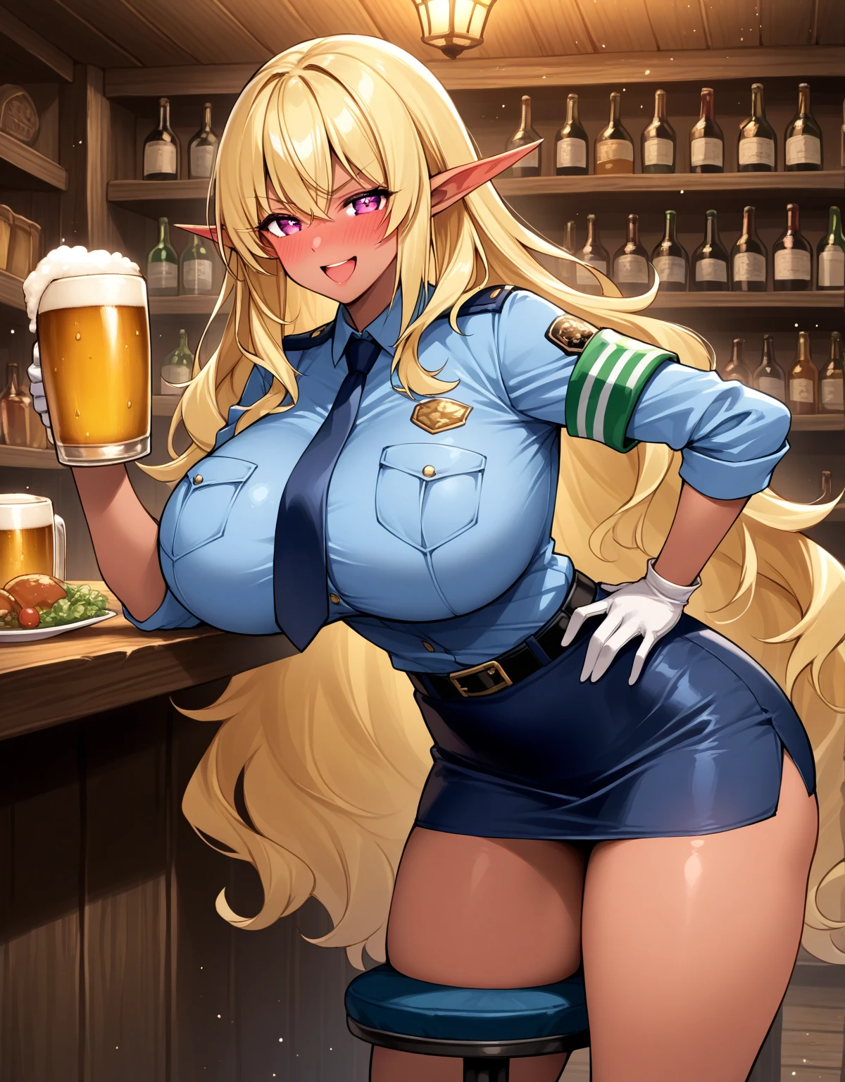 Melhor qualidade, 8k, mulher,blonde,lindo,big eyelashes, olhando para o observador, rabbit ears tiara, decote,militar camouflage vest over beige nylon bodystocking, holding a beer can