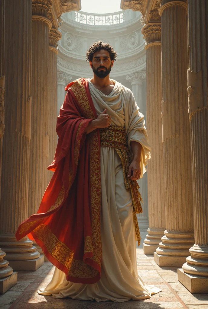A roma emperor wearing a white robe, looking majestic.