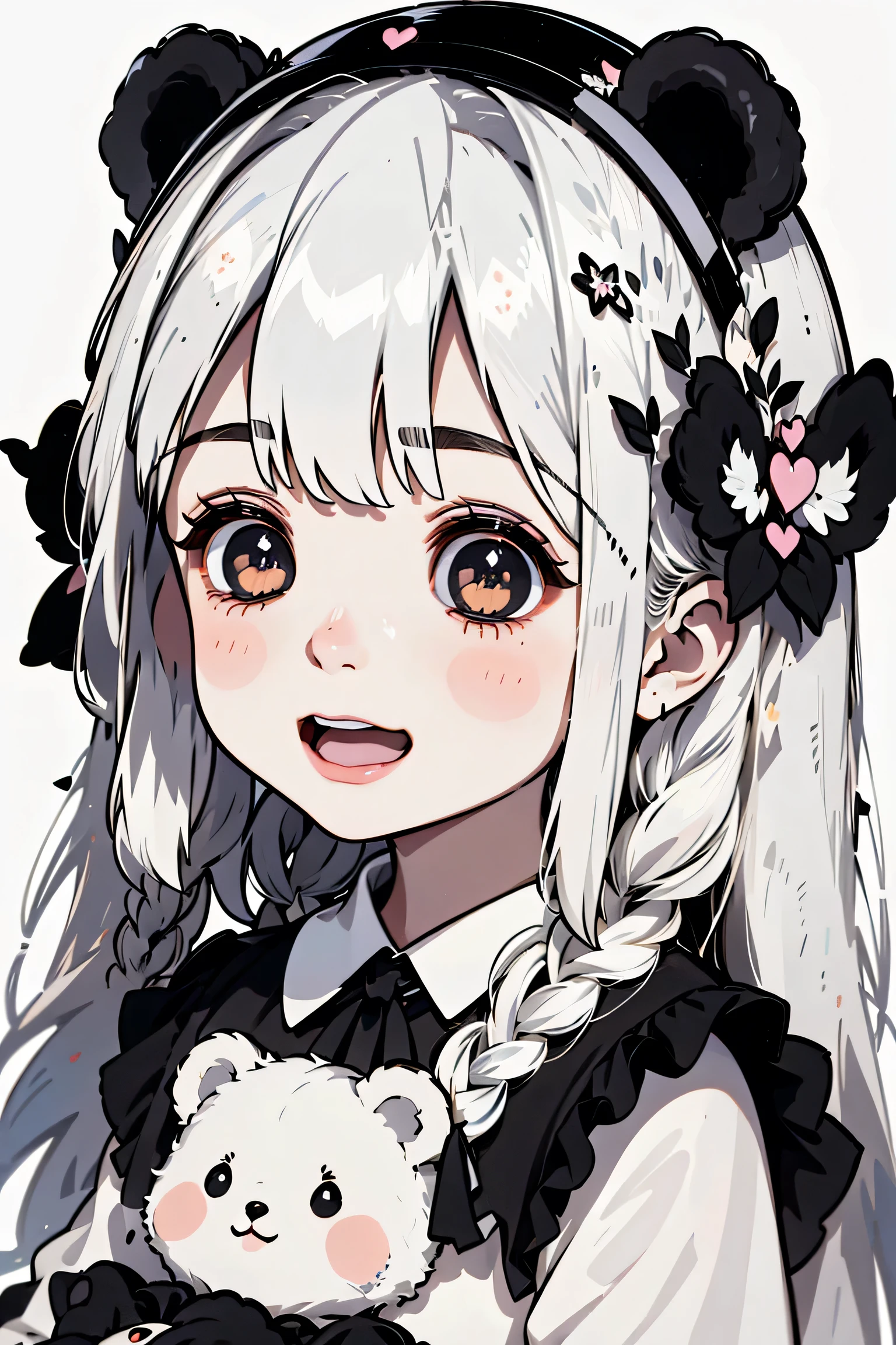 , 1girl, animal ears, hair ornament, smile, white hair, simple background, long hair, solo, open mouth, white background, bear ears, heart, bangs, :d, fang, braid, fake animal ears, black eyes, stuffed toy, blush stickers, hairband, upper body, long sleeves, black hairband, stuffed animal, holding, blush, :3, hairclip, symbol-shaped pupils, bear hair ornament