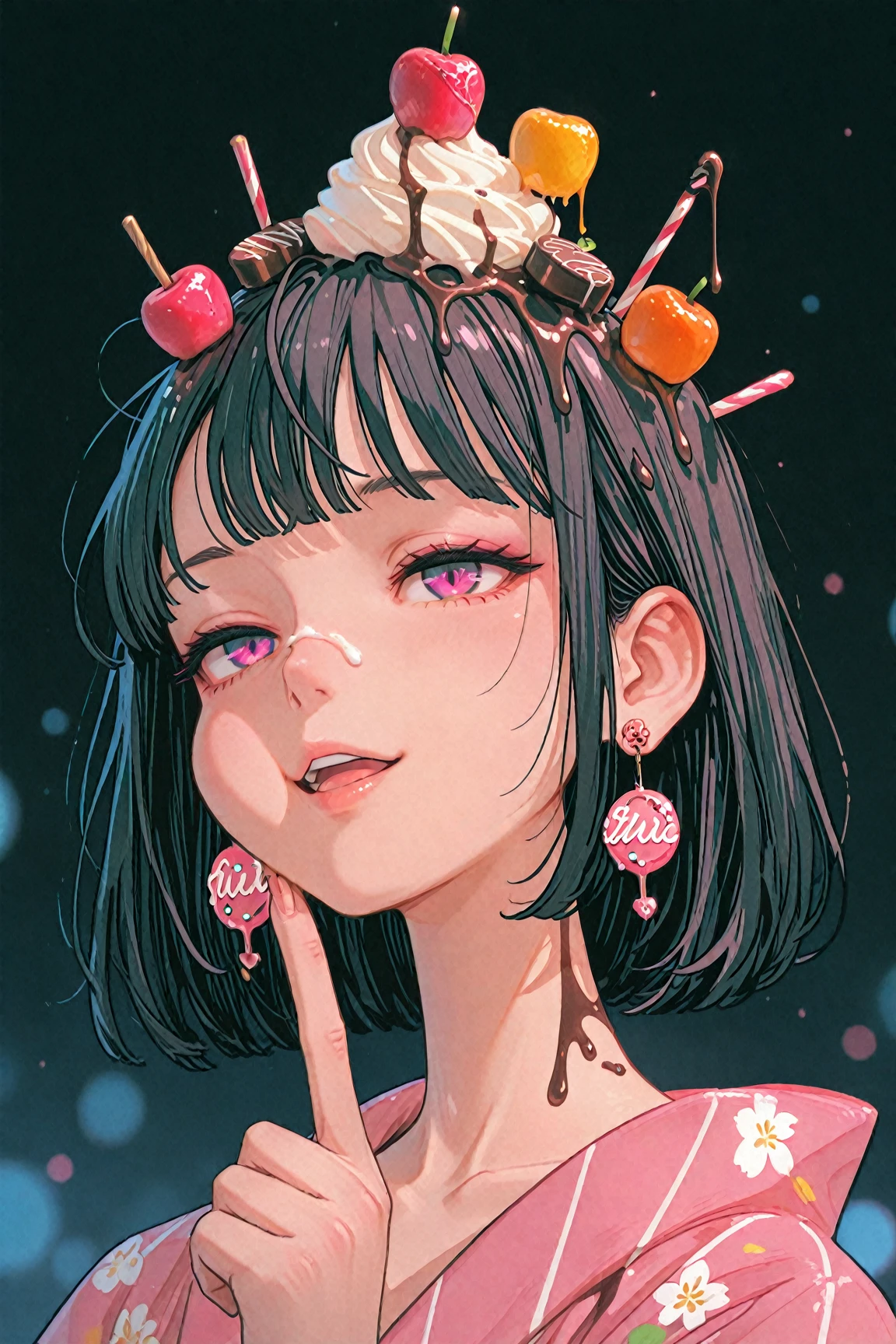 pink　Candy is wearing a hat with a red ribbon., Holding a perfume bottle, Long sleeve white dress, And bare feet. 彼女のpinkの前髪はイチゴの帽子の下から覗いていて、Each eye has three eyelashes。. Shine; Sparkling　strawberry flowers