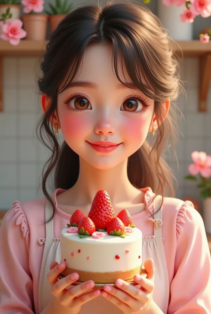Best picture quality, detailed eyes, long eyelashes, fairy tale world, large decorated cake with lots of strawberries and fruit on it, laughing little 5 year old girl eating cake, happy smile, great smile, very pretty girl, long chestnut hair, surprisingly very large and roundgreen glowing eyes, a lively birthday party, orange summer flowers blooming outside the window,