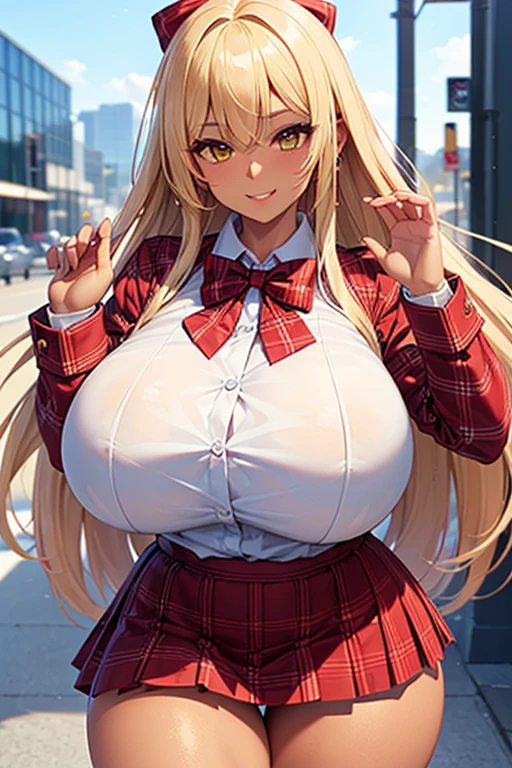 blonde hair color,long hair,light brown eyes,corset skirt,earrings,huge breasts,Whipped thighs,slender,near,street background,SFW,perfect,high quality,faultless,smile