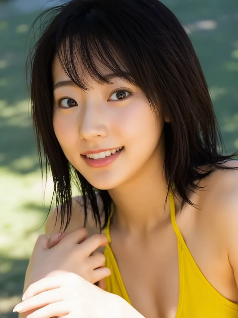 ((of the highest quality)),((masutepiece)),((Very beautiful)), Outstanding light and shadow, One girl, hair messy, Realistic skin texture, isolated wet rocky area, Tropical Plants, Feminine pose