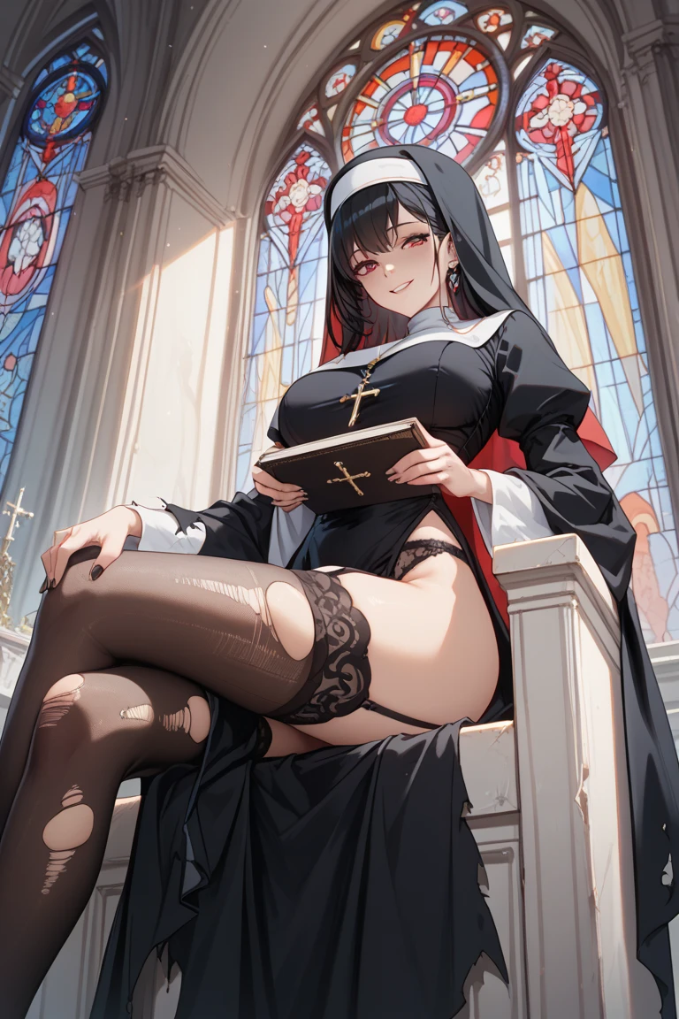 (8k、Best image quality、highest quality、masterpiece)、Detailed face、 One girl、Black Hair、Long Hair、blunt bangs、Grey Eyes、Earrings、smile、Large Breasts、((nun))、((side slit))、((black pantyhose))、high heels、((squatting))、((open legs))、Shoot from below、altar、Stained glass、Church Background