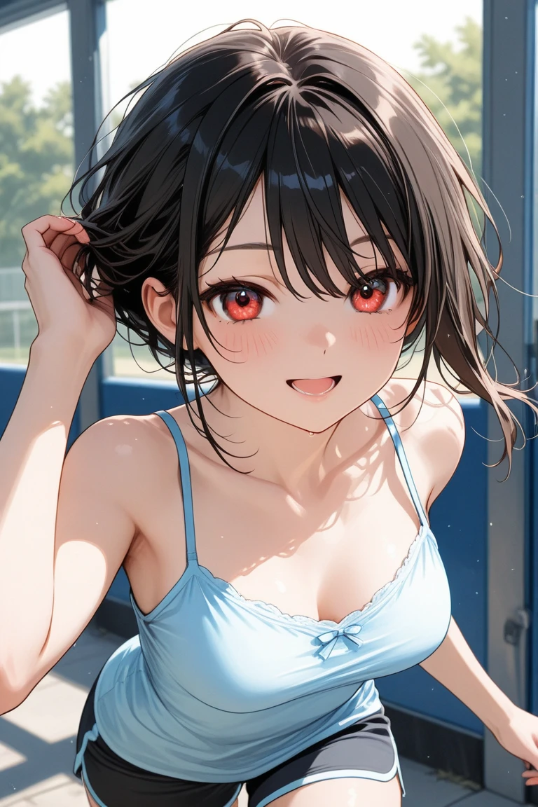 (8k, RAW Photos, Highest quality, masterpiece: 1.2), masterpiece, Super Detail,Best lighting, (Realistic and photorealistic photography: 1.4), High-resolution RAW color photos, Highly detailed mouth,1 young cute girl, (Sexy low rise stripe bikini), Exposing the abdomen,Background Blur, blush, Depth of written boundary, Hair between the eyes,short hair,(red inner hair with yellow hairpin),red eyes,(Oily skin:1.5,Glowing Skin),((whole body)), Embarrassing,False Smile:1.3,Black Hair,in the bathtub,glitter skin,short,young,10 years old,large breasts