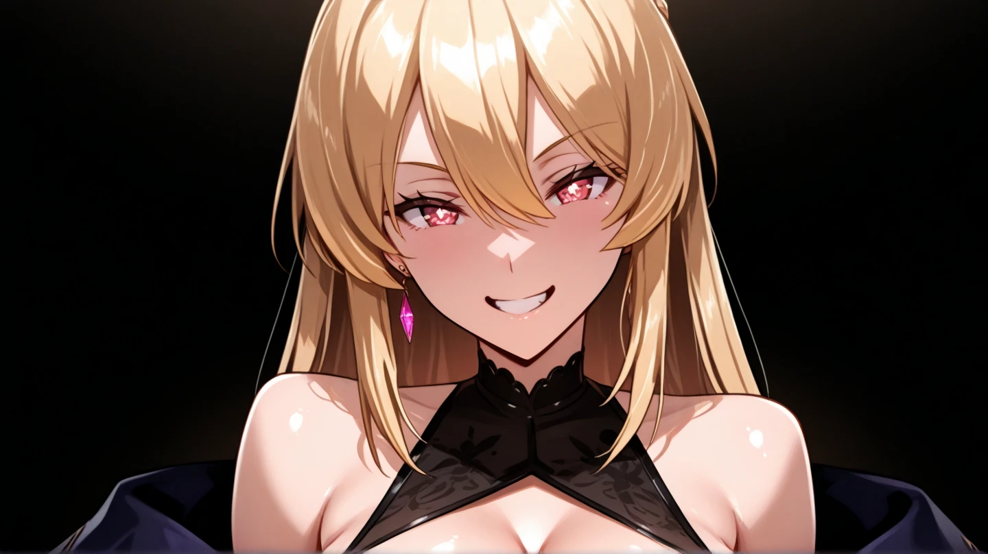 Beautiful Kitagawa Marin in lingerie,strapless bra,bare belly,elbow length gloves,choker,collarbone,blonde hair,pink eyes
