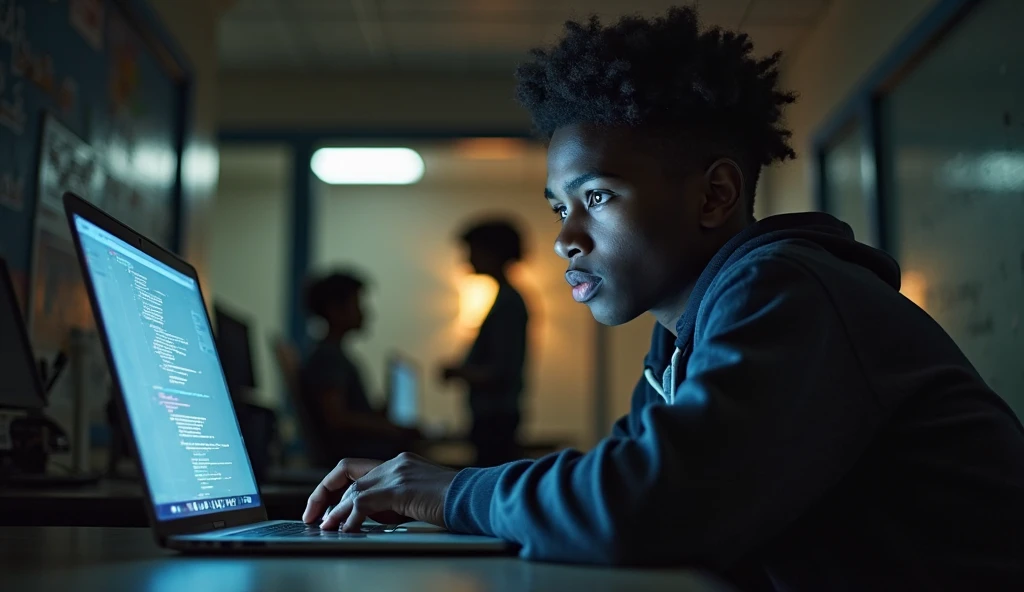 There is a black boy wearing a school uniform sitting and playing on a computer.