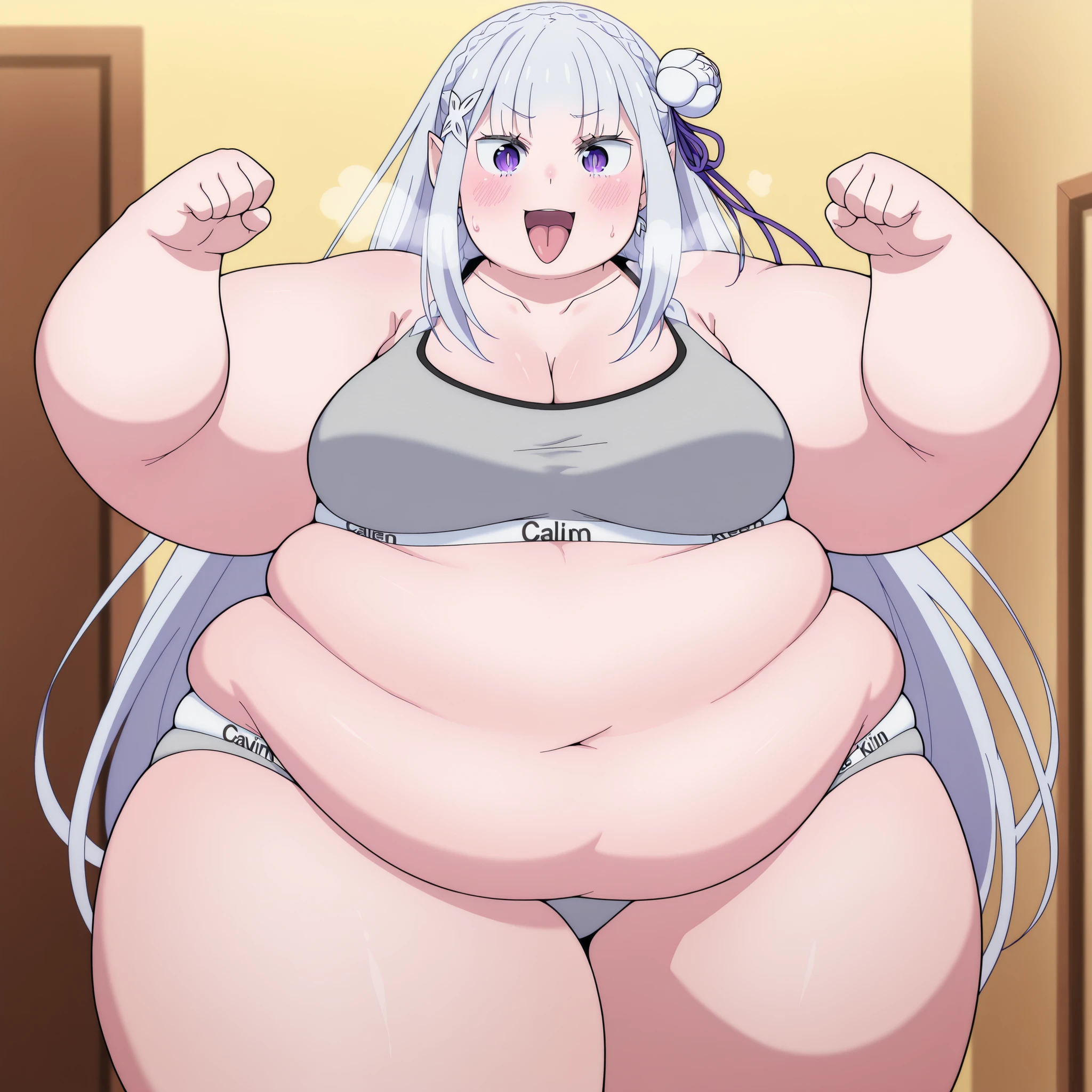 ((1 male)) Solo ,Neuvillette as a Sumo Wrestler , long hair Multicolored hair, White and blue hair, hair Styled in bun,Pointed ears, Morbidly Obese!!!, Background:Arena:1.5, ((Wide Hips)), Thick thighs, ((fat butt )), huge belly!!