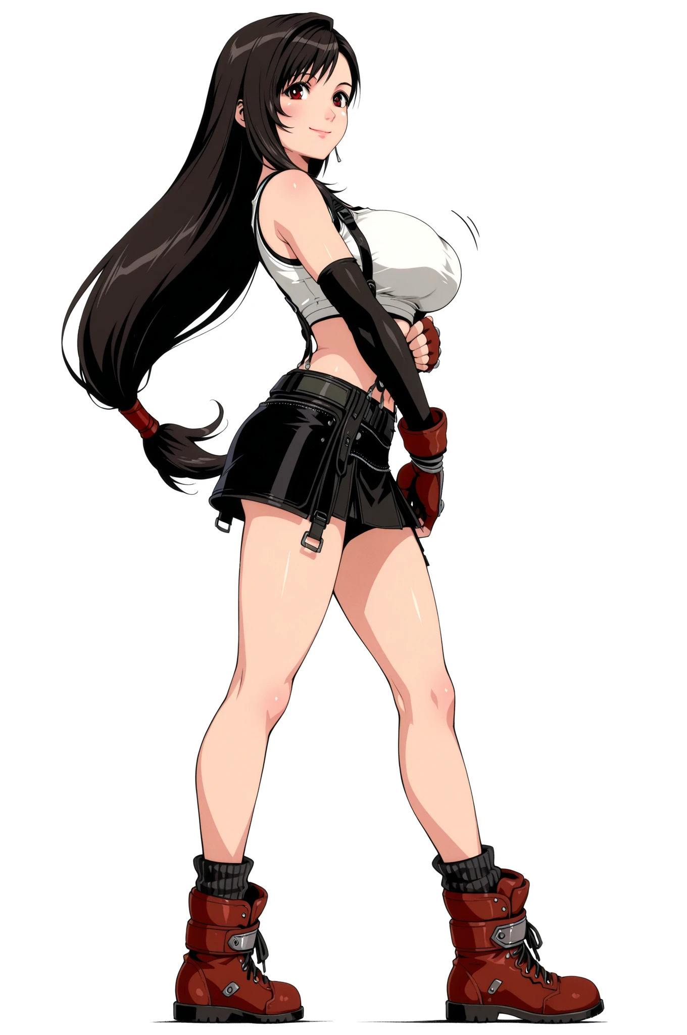 (8k, best quality, masterpiece:1.2) (realistic, photo-realistic:1.37) (full body) 1female solo girl, standing, legs apart (wide stance) standing contrapposto, ultra-detailed, cute (Tifa Lockhart) (large breasts:1.5) (beautiful detailed eyes) (smile:1.2) (closed mouth) sharp focus, depth of field, good composition, Final Fantasy VII, very long straight hair, hair bang ((red_eyes)), intricate, bokeh (Tetsuya Nomura style) perfect breasts, white tank top, black thong, suspenders, gloves, stockings, toned body, athletic, wide hips, thin waist, toned arms, exposed abdomen, view from behind