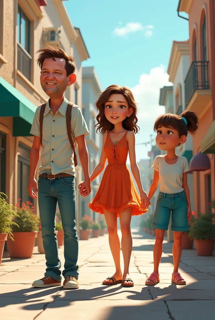 (character 1) woman of medium height, short brown hair, wearing dress and sandals. (character 2) man 30 years old, high,short brown hair, wearing jeans and sneakers. (character 3) 20 year old man, high cabello castaño, wearing shorts and white sneakers. (character 4)   girl with long braids,light brown hair wearing a dress, all together pixar style
