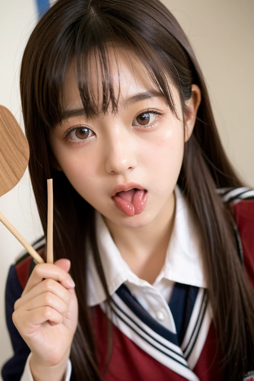 ((highest quality)), Photogenic, Detailed skin, Detailed face, （Side-eyed tongue:1.5）,ahegao, Mouth Opening, Long wet tongue, Drooling tongue, School classroom,Red Tie Uniform, Neat grey blazer,（Grey no-tuck mini skirt:1.7 ) ,15 years old, Shortcuts,Brown Hair, A mocking smile,（Thighs:1.5) ,knees, (((Crouched whole body:1.6))), pretty girl，Fresh and muscular thighs, loafers, White short socks with frills, Crouching, As if peering at me, Panty shot, ((((fellatio gesture: 1.6))), Handjob, ((Spread your legs out to the side:1.4))