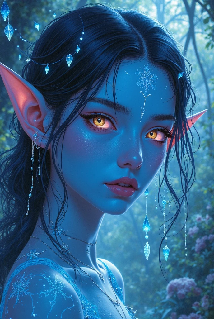 (best quality,4k,8k,highres,masterpiece:1.2),ultra-detailed,(realistic,photorealistic,photo-realistic:1.37),single object,portrait,digital painting,fantasy,mermaid,blue scales,glitter,purple eyes,long green hair,underwater scene,red eyes,twinkle in eyes,stomach tattoo,elf ears,fairy wings,closed eyes,beautiful skin,lacy top,sparkling water,soft lighting,serene atmosphere,ethereal,peaceful,secrets of the sea,vivid colors,shimmering,mesmerizing