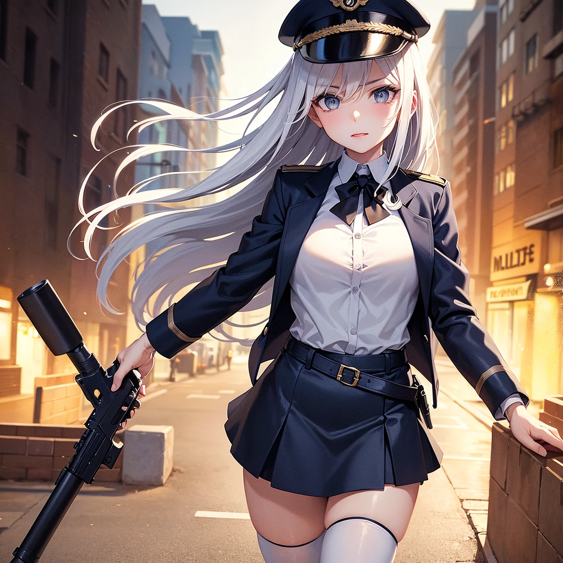 Highest quality、Ultra HD、One Woman、(Silver long hair 1.3)、(Green blazer 1.3)、(White tight mini skirt 1.3)、(Black tie)、(Black loafers 1.1)、((Shooting a gun 1.2))、(Large Breasts)、(Thighs)、(Black knee-highs 1.2)、(Beautiful face with sharp eyes 1.2)、40-year-old woman、Slender body、(Evening school background 1.2)、((Clear and beautiful touch))