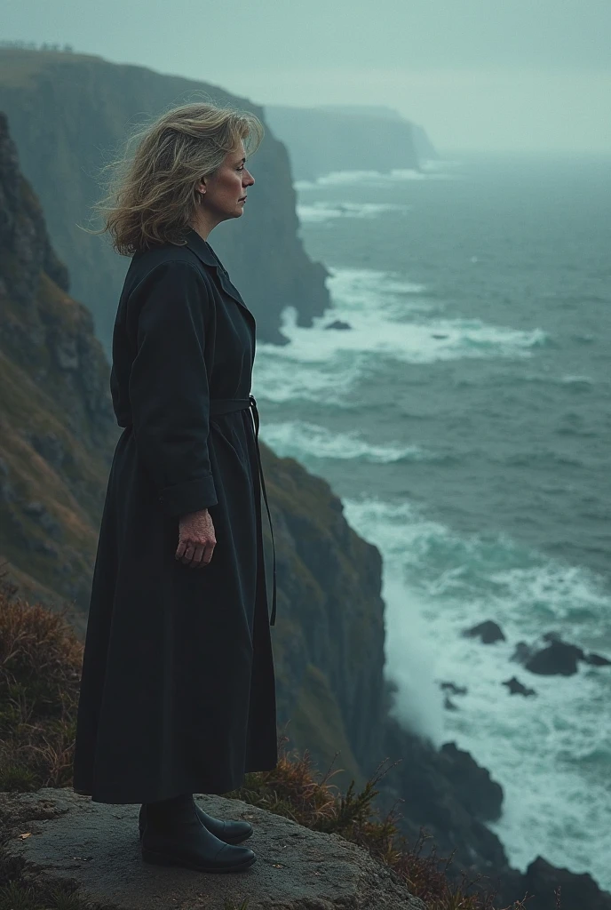 Create an eerie image of Isonade, an old woman with a hunched back and wet, ragged clothing. Her face should be deeply wrinkled, with a sinister, malevolent expression. The setting should be a rocky, stormy coastline at night, with an atmosphere of ancient, coastal mystery and dread.
