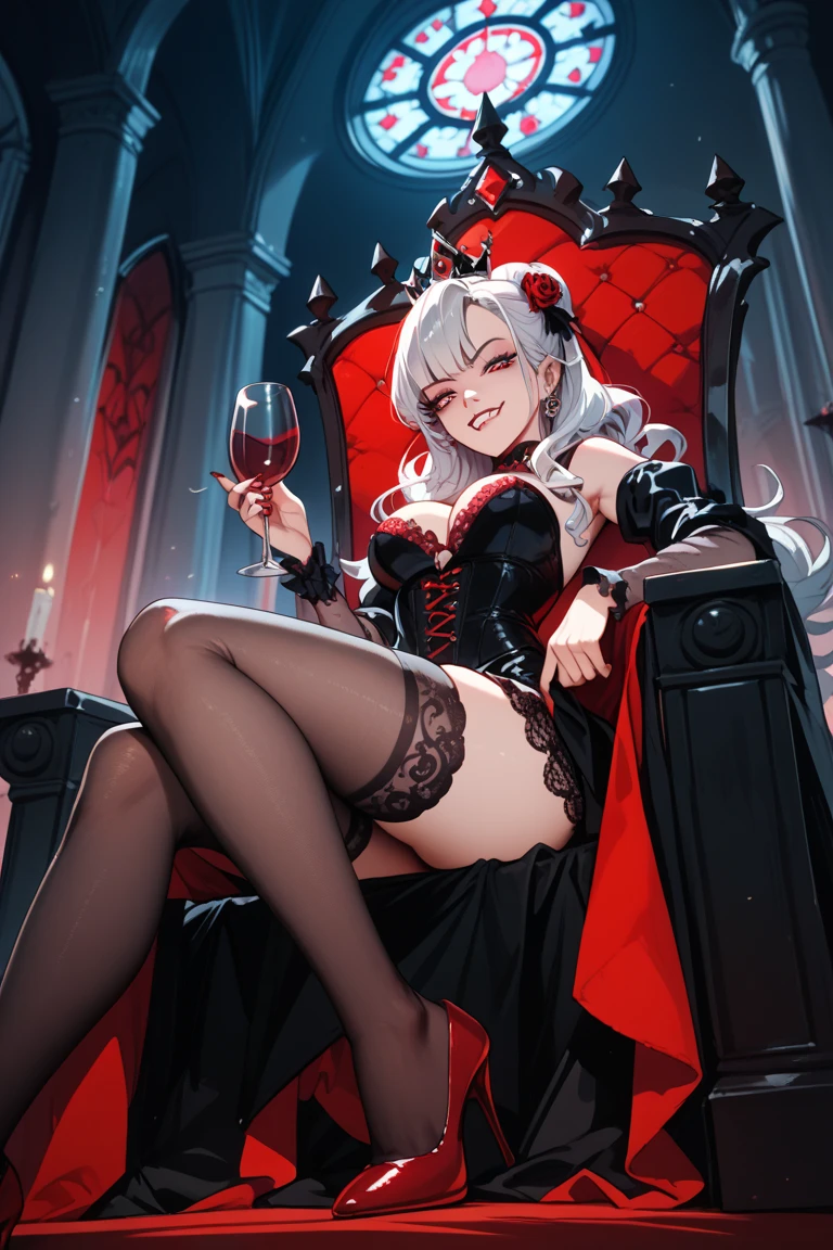 (((Solo))) Vampire woman with short white hair, (red eyes), ((wearing a sexy black dress)), stockings, wearing a red necklace, character is wearing gloves, (mature woman Anna), ((large chest)), curvy hips, long legs, detailed eyes, (in a dark castle), (((mature woman))), milf, ((full lips)), sparkling eyes, standing, seductive pose, sexy face, (beautiful lighting), candles, (holding a glass of wine), (sitting down on a chair)