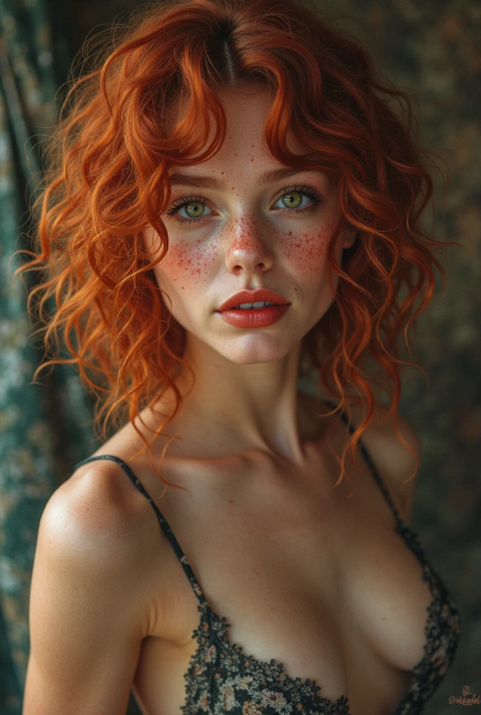 Beautiful woman with red curly hair and freckles on her face, extremely high quality RAW color photo with high detail, romantic mood, Canon EOS R5 effect, soft lighting, warm tones, depth of field effect, eye contact, wearing leather clothes in steampunk style, against a wall, detailed facial features, background lighting, bokeh, emotional depth, shine and radiance of the skin