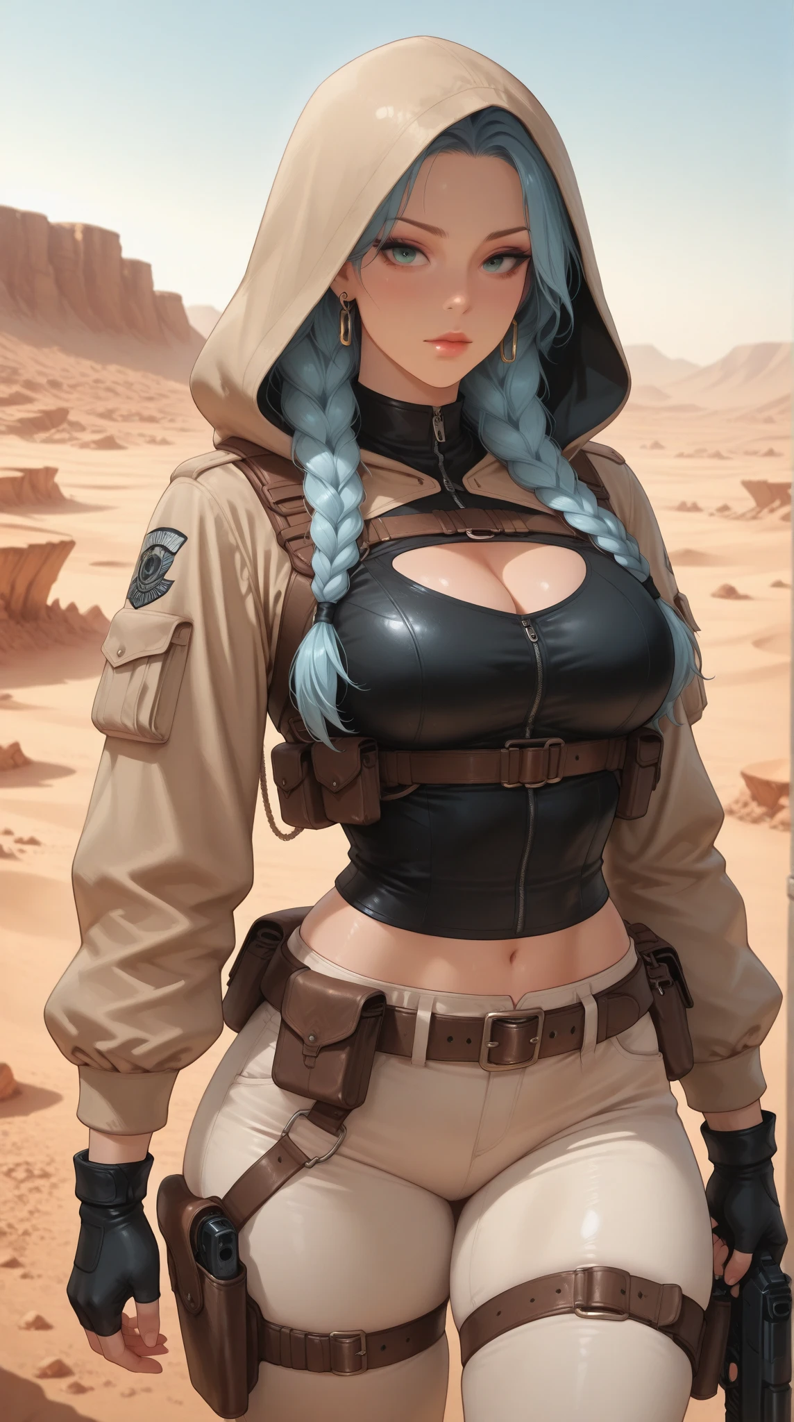 super fine illustration, ultra high resolution, masterpiece, highest quality, perfect dark skin, perfect lighting, detailed lighting, dramatic shadow, ray tracing, 1 beautiful white milf, looking at the viewer, small breasts,  exposed cleavage, beautiful detailed hazel eyes, sharp face, clear eyes, long bang, ((medium curly blond hair:1.2)), ((post-apocalyptic fiction)), ((desert:1.2)), Upper body, battle suit, military harness, Alice Abernathy - Resident Evil Series, Milla Jovovich,