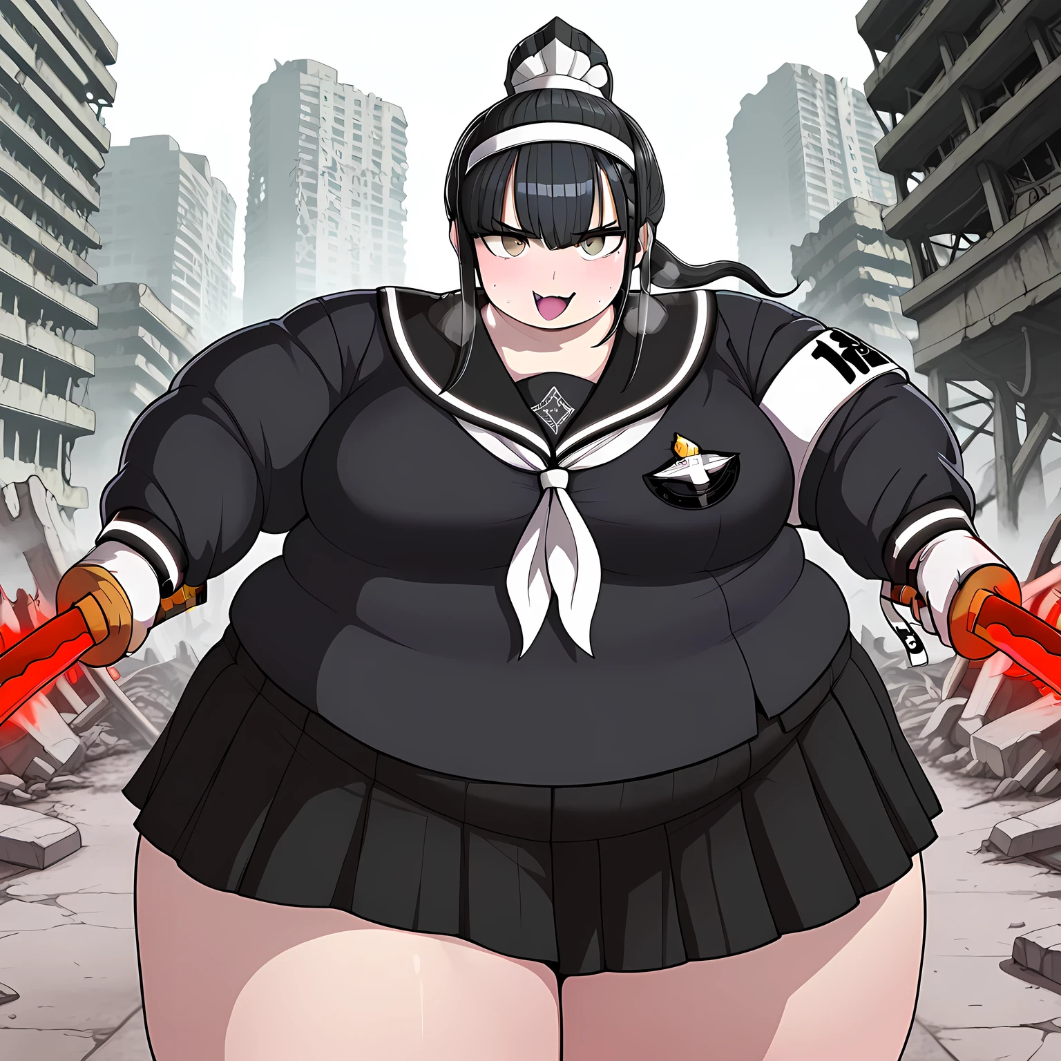 masterpiece, best quality, highres, newest, 1girl, solo, official style, artist cg, kiyoshika, black hair, ponytail, grey eyes, headdress, battle uniform, black serafuku, white gloves, black skirt, white neckerchief, holding a katana against viewer, frown, expressionless, city ruins, scenery, fighting stance, looking at viewer fat, chubby, obese, gigantic arms and legs, large breasts open mouth, out of breath, shy smile,