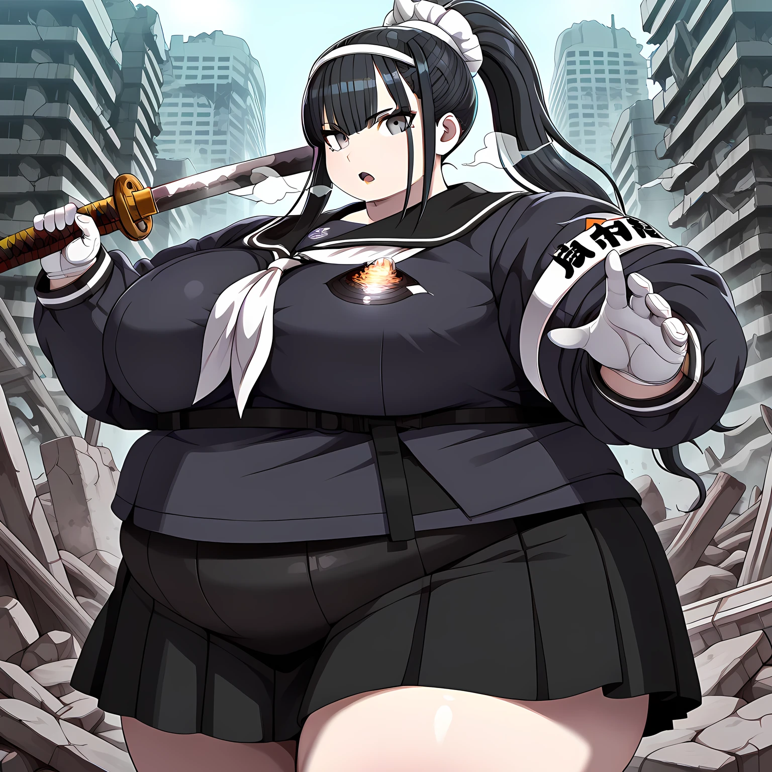 masterpiece, best quality, highres, newest, 1girl, solo, official style, artist cg, kiyoshika, black hair, ponytail, grey eyes, headdress, battle uniform, black serafuku, white gloves, black skirt, white neckerchief, holding a katana against viewer, frown, expressionless, city ruins, scenery, fighting stance, looking at viewer fat, chubby, obese, gigantic arms and legs, large breasts open mouth, out of breath
