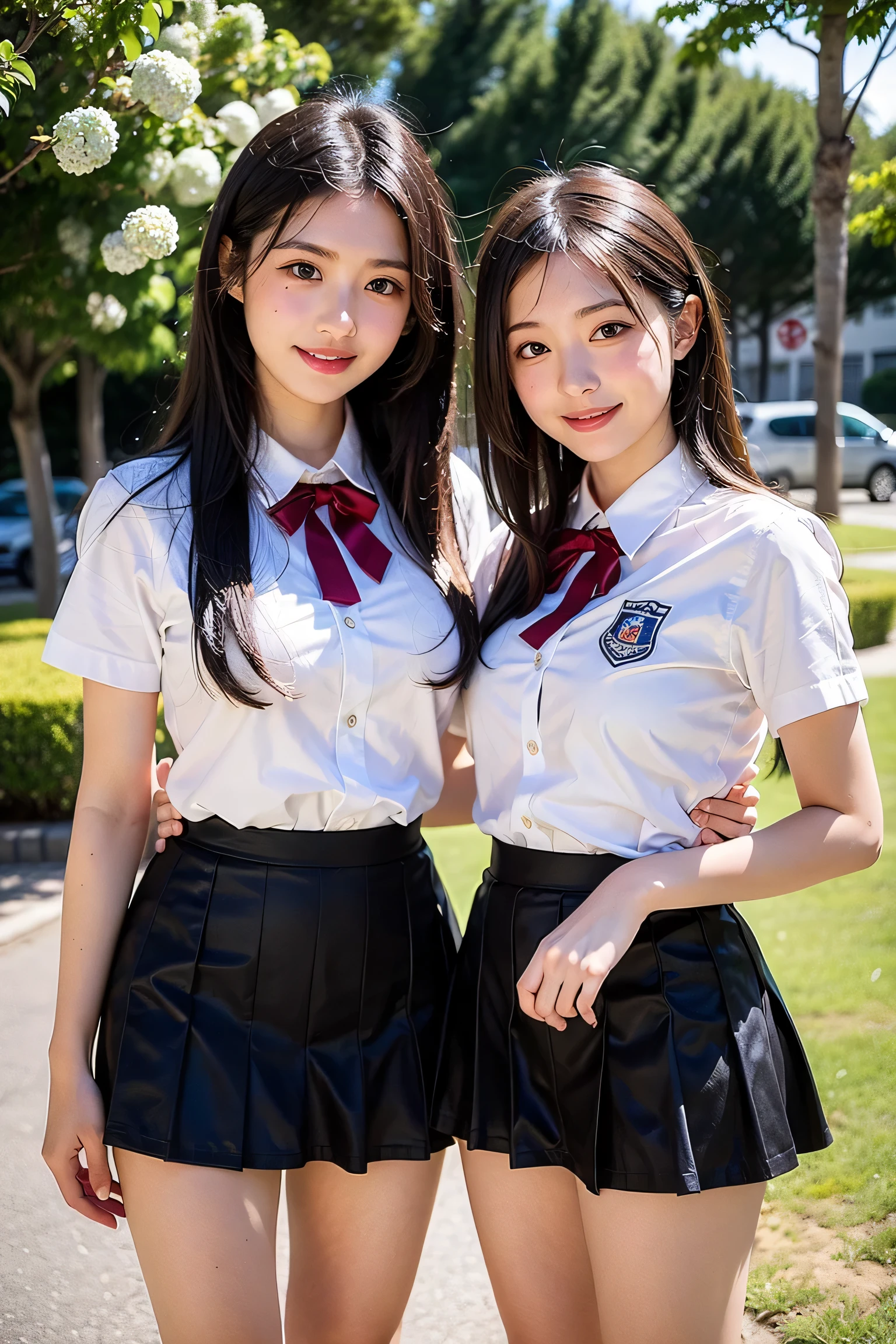 High School, nsfw,8k,(RAW photo:1.2),(Best quality:1.4),(Masterpiece:1.4),Best Illustration,Ultra High Definition,Portrait,Film grain,filmg,1girl,Look at viewer,Depth of field,(Photorealistic:1.4),(Detailed hair,Realistic hair,Realistic lighting,Realistic shadow,Realistic clothing,Realistic skin),Natural skin texture, Super Detail,(Portrait:0.6),(Light Particle,Lens Flare,Luminous Particle:0.6),(Bokeh:1.2),Cute,Professional Lighting,Photon Mapping,Radiosity,Physically Based Rendering,Incredibly Absurdity,Glossy Skin,(Pale Skin:1.2),(pureerosface_v1:0.7),(Close-Up:1.1), (Fair Skin: 1.1),(Round Face:1.5),(Charm:1.1),(Smile:1.2),Grinning,Open Mouth,Puffy Eyes,Purple Eyes,Double Eyelids,(Egyosar:1),(Long Hair:1.1),Floating Hair NovaFrog Style,High Ponytail,Floating Hair,Makeup,(Very Dark Lip Gloss,So Many Eyelashes,Eye Shadow),Beautiful Legs, sailor suit,((School uniform,Checkered pleated skirt)),Ultra short skirt,(Butt:1.2),Knee socks,Outdoor