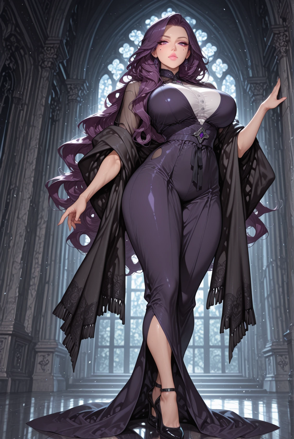masterpiece, best quality, very aesthetic, absurdres, 1girl, mature_lady, full body, ,blush stickers,Lilac hairhalf updo/updo,Velvet Pants: Pants made from plush velvet fabric, perfect for adding texture and sophistication.,Chiseled Stone Construction (Ethiopia) - Characterized by stone-hewn churches, particularly in Lalibela.,blur background,background defocus