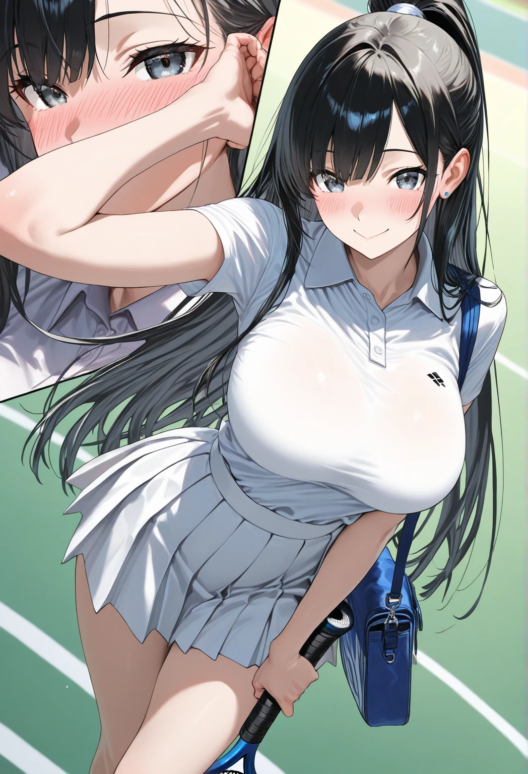 (masterpiece, best quality:1.2), 1girl, solo,standing_split,
long black hair,green eyes, (tennis court), (tennis outfit),
