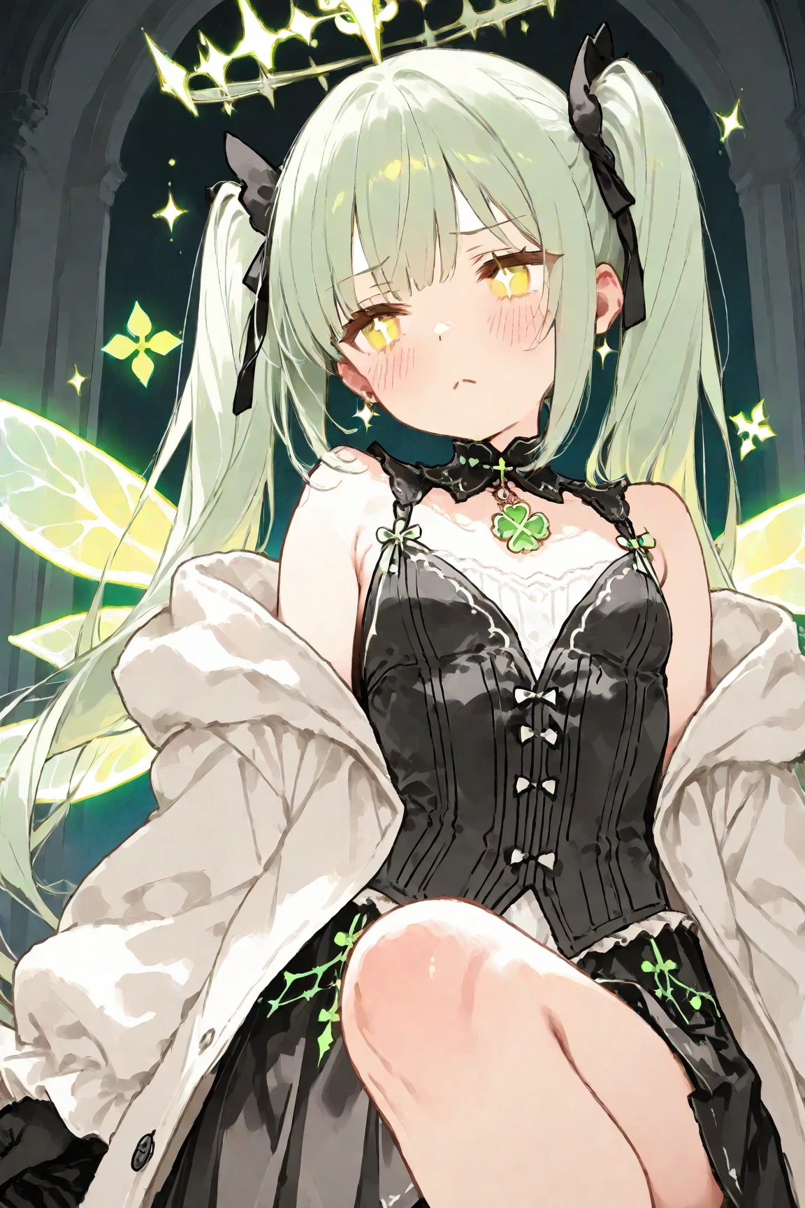 (masterpiece),(intricate details), echidna, 1girl,huge breasts:1.5, white hair, brown eyes, green butterfly hair ornament, eyelashes, (colored eyelashes:1.1), black dress, looking at viewer, closed mouth, ((cumulonimbus)),full body, <lora:Echidna_5_10:0.7>