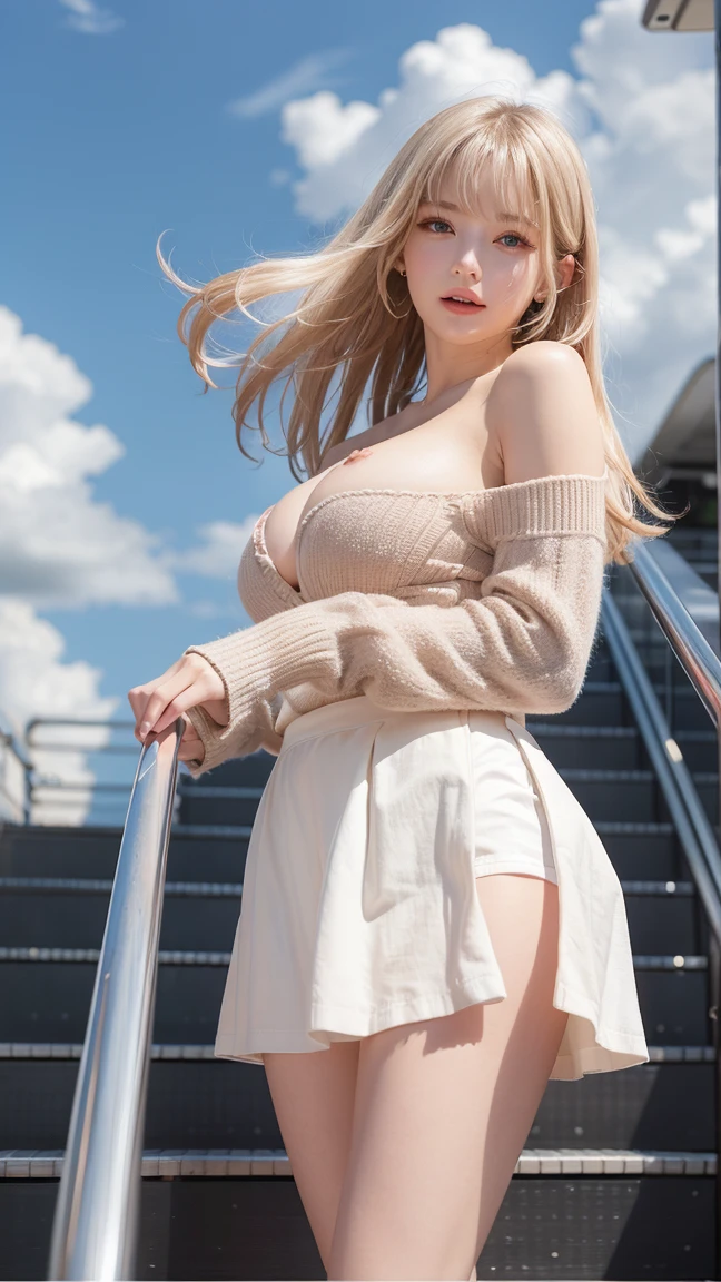 Blonde woman posing for a photo wearing a skirt and turtleneck sweater, Wearing a green sweater, wearing a sweater, wearing elegant clothes, wear cute tops, revealing clothing, wearing a sweater, Lovely lady, jacket over naked torso, sexy girl, V-chest open clothes, beautiful blonde girl, wears long flowing clothes, fully dressed, wearing a turtleneck