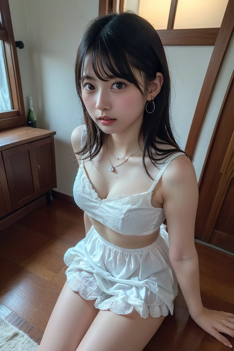 Beautiful woman looking at camera, detailed photo, petite person, (slim, small, flat, small), sexy pose, wet body, drenched, 12 year old girl, sexual expression, wet body, short hair, kneeling, from above, slender, delicate and sexy collarbone, on all fours, upper angle: 1.5, palms on the floor, Very sexy and small area Akihabara maid clothes