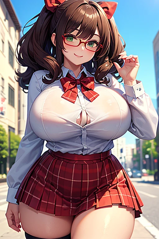 1girl, solo, long hair, glasses, Brown hair, (((giant breasts: 1.4))), large breasts, enormous breasts, (long hair), curly hair, (thighs: 1.2), heavy blush, (thick thighs: 1.3), wide hips, choker, (happy: 1.3), simple background, shiny skin, wet skin, inside, facing the viewer, ((cleavage)), ((lewd)), best quality, smiling, white blouse, tight blouse, tight black skirt, ((office clothes)), closed mouth,  front, brassier under clothes, lingerie, on the street, heels, (milf), seductive, in a modern house, ((view from opposite)),