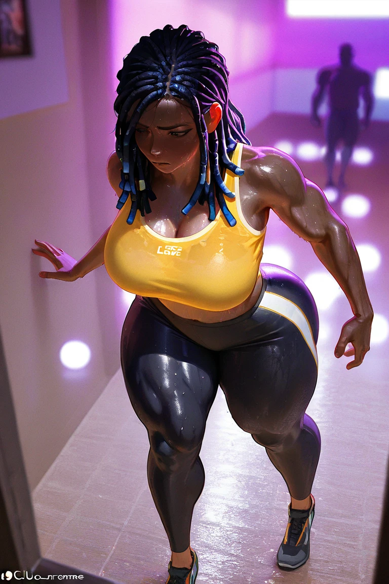 (by darkgem, by boosterpang, by duase, by BNG), solo focus, 1boy, male, lion boy, cute, girly, femboy, twink, short boy, looking at viewer, smiling, happy, large muscular body, (hyper hips:1.3), (huge bulge), bulgeJ8, long hair, detailed eyes, lust, masterpiece, best quality, lycra shorts, white tank top, pink sneakers, standing upright, photorealistic, hyperrealistic, ultradetailed, detailed background, photo background, digital drawing (artwork), girly, bedroom eyes, (aerobics class), indoors, looking at viewer, stretching, hands behind head, (tail),