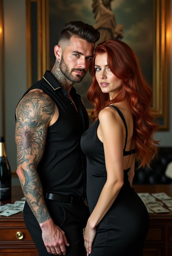 Susan coffey tiene el cabello largo color rojo y Gerard Butler tiene el cabello negro muy largo, bailando juntos, pareja, petalos caen del cielo, flores a sus pies, hojas de haya y gotas de rocio. Magia, romance,
