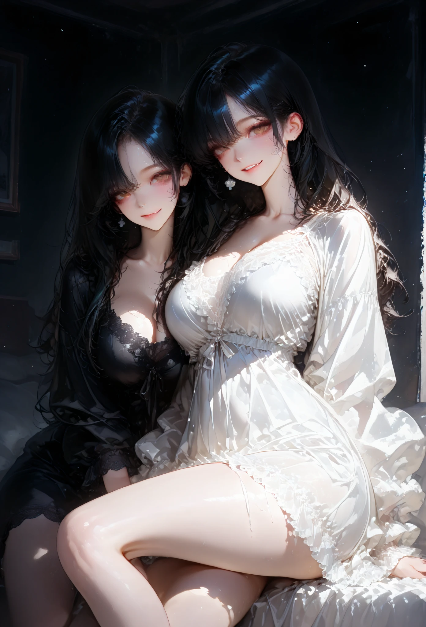 two girl making love,(bright lighting,romantic setting),dreamy background,bondage,dark hair, mesmerizing gaze, , soft skin, alluring beauty, artistic portrait, high-quality image, vibrant colors, long silk gown, in the bed, mosquito net