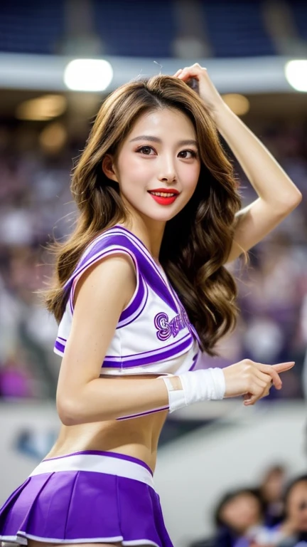 highest quality, masterpiece, Ultra-high resolution, (Realistic:1.4), RAW Photos, One girl, Most popular Japanese idols, Wearing only colorful cheerleading uniforms, Cheerleading at the stadium, From below, Dynamic Pose, The best smile, ((Similar to Nogizaka46's Erika Ikuta)), Very beautiful big black eyes, Very beautiful medium-long black hair, Very beautiful thighs, Very beautiful arms, Upturned buttocks, View your viewers, Detailed colorful cheerleading uniforms,((Buckshot))、((Non-NSFW works))
