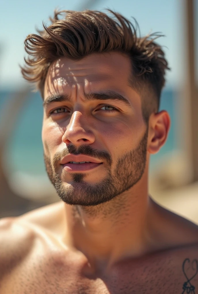 masterpiece, best quality, high resolution, closeup portrait, male focus, solo focus, A man, 20 years old, grey hair, in speedo, grey silver hair, messy hairstyle, cute and seductive face, old but attractive, bare chest, body hair, hairy armpits, facial hair, pale skin, sun freckles, roman nose, very skinny body, hairy legs, cute, white chest hair, very hairy chest, dimples, scruffy beard, very hairy armpits, bold jawline , sweaty, in the background a beach on a cloudy day, view from below, amazing composition, front view, HDR, ultra quality, elegant, highly detailed