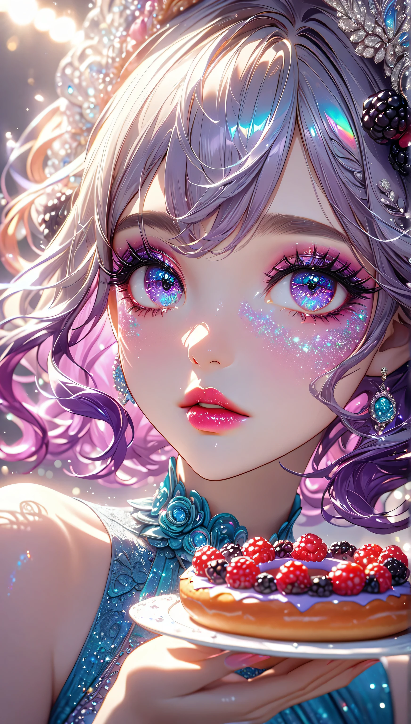 An elegant girl eating a BLACKBERRY CAKE, Delicious , many details, beautiful and detailed eyes, beautiful and detailed lips, extremely detailed face, long eyelashes, intricate donut texture, shiny donut surface, vibrant berry colors, natural lighting, shiny photocabello, 8K, (Tops:1.2), hyper detailed , (cabello brillante:1.37), elegant, elegante, modern, cute berry, studio lighting, cinematic