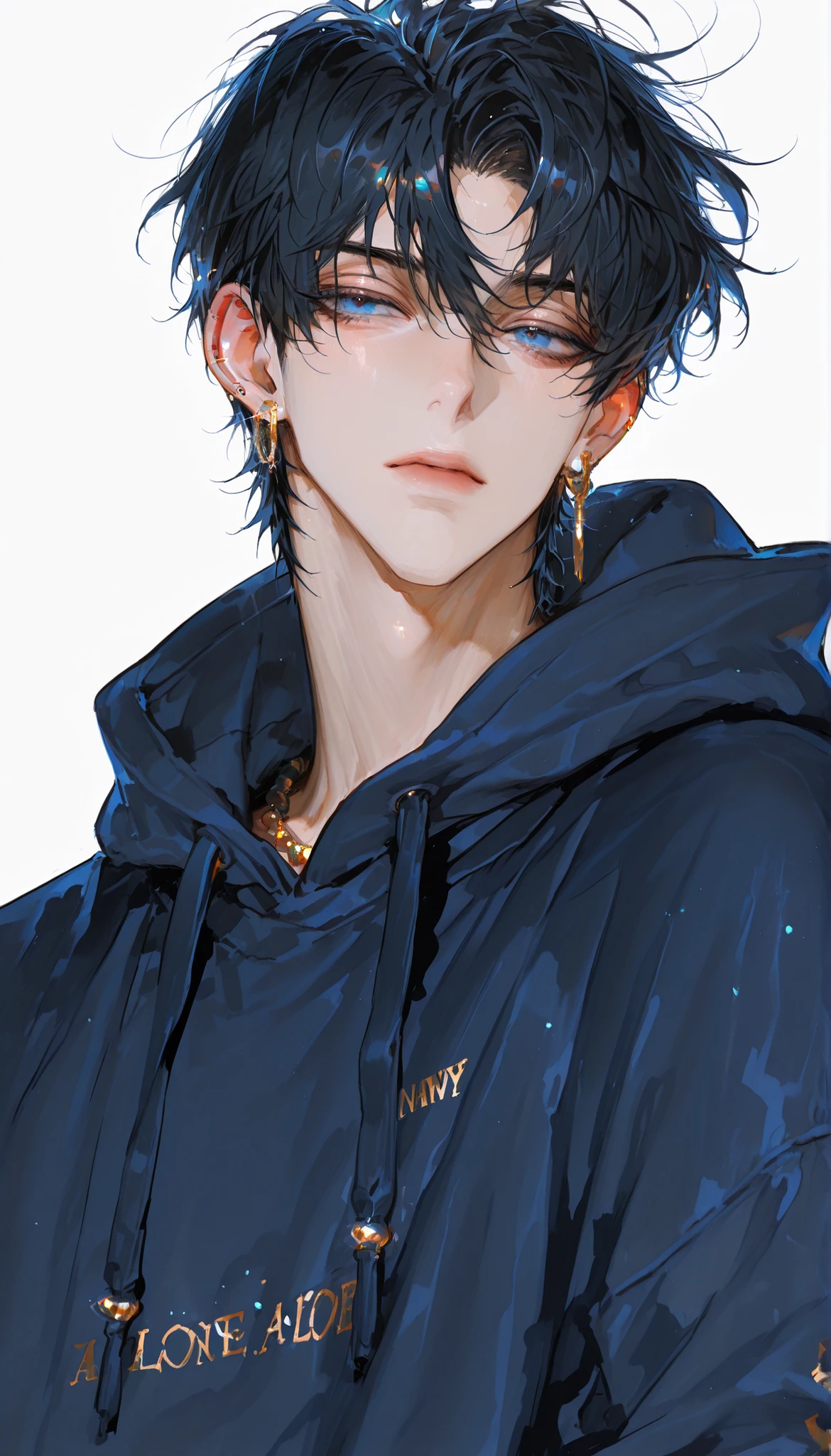 short hair, shirt, black hair, 1man, solo, alone, jewelry, navy hoodie, earrings, focus, blue eyes, muscled