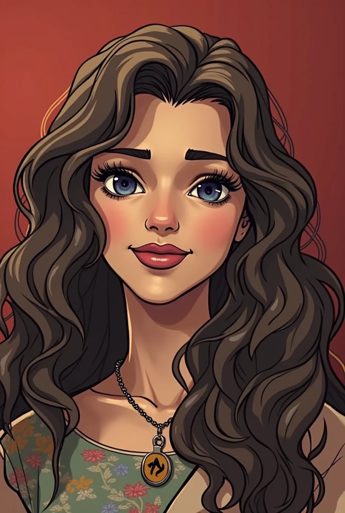 brunette woman curly frizzy curly hair white streak in front black dress, Brown eyes, reddened mouth, Brown eyes escuro, round and wide face Disney pixel animation style
