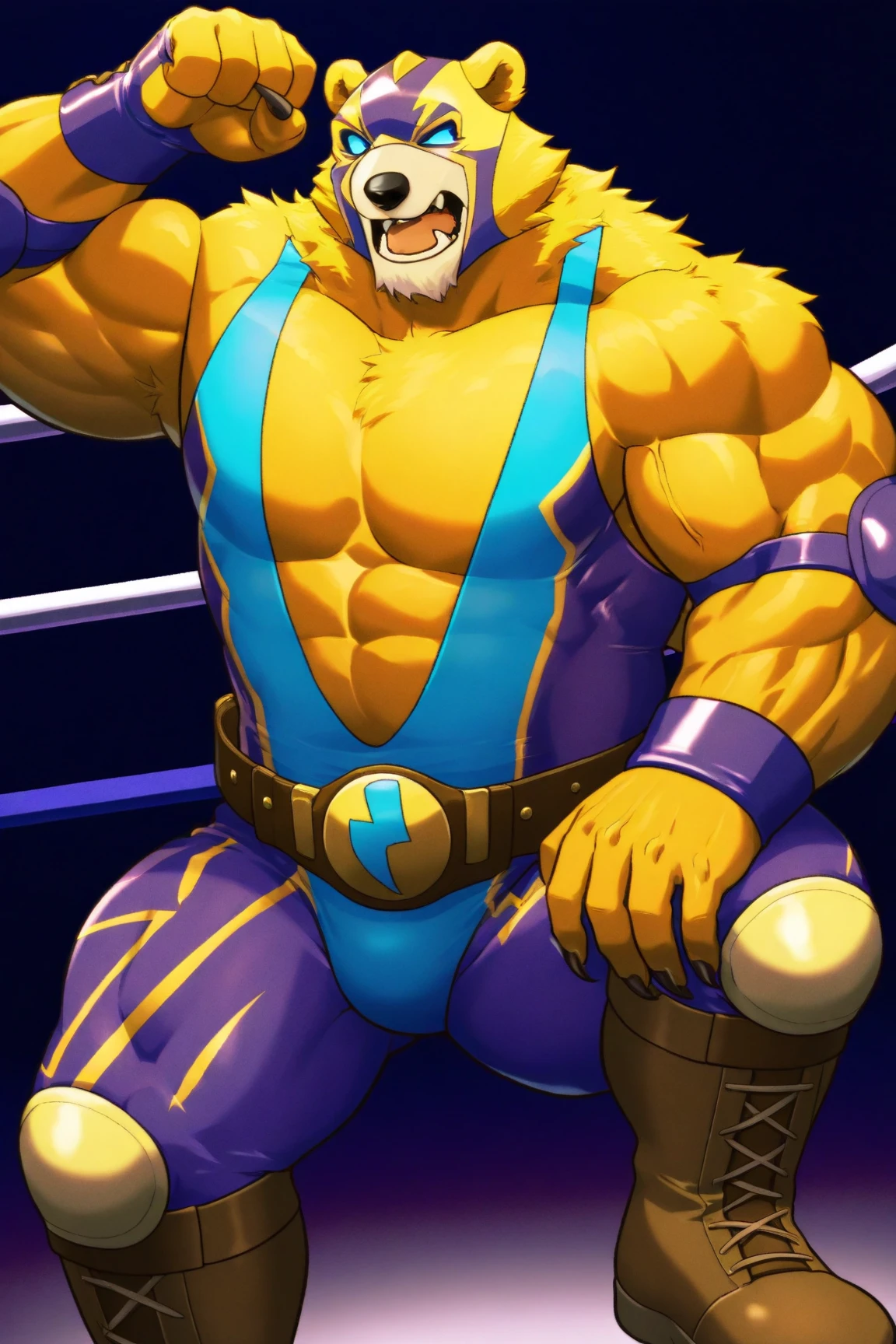 solo, bear, excessive cum, godzilla, boar, purple body, mohawk, golden eyes, gold nose ring, beard, furry body, fluffy fur, huge bulge, wrestling attire, wrestling arena, indoor, flood lighting, masterpiece, absurdres, correct anatomy, 4k, by lindong