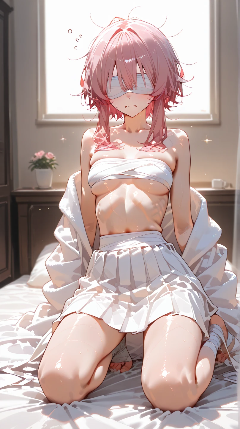 (best quality:1.3), (highres:1.1), 1girl , masterpiece, best quality, short hair, pink hair, green eyes, smile, small breasts, bowtie, dress, full body, (Wearing a crown:1.1), simple background, (white background:1.4), open mouth, slender legs, lie down,