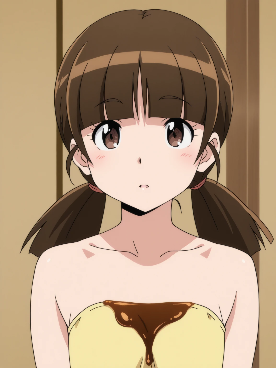 kanaokurusu, Brown Hair, ribbon, Twin tails, (Brown eyes:1.5), hair ribbon, Ahoge, smile, Grin, masterpiece, expensive quality, very_expensive_solve, big_file size, full color,(completely nude:1.2),pussy,niplles,
