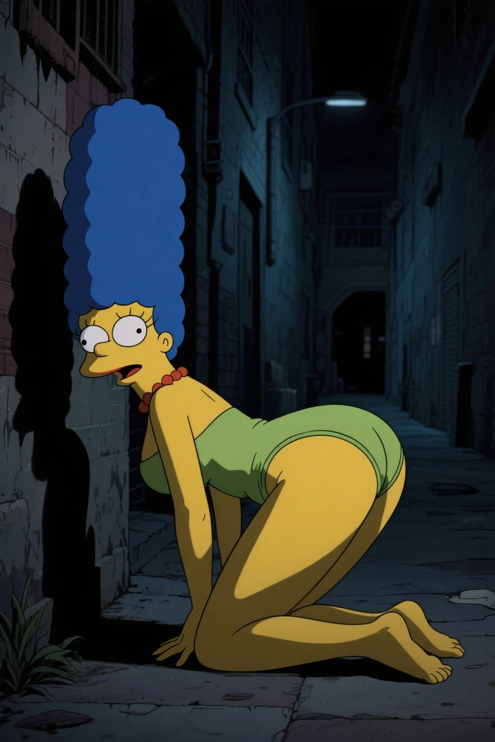 score_8, score_9, marges 1 girl, solo, blue hair, naked, night, arms behind head, smug, (shitting liquid diarrhea):3.0, in public