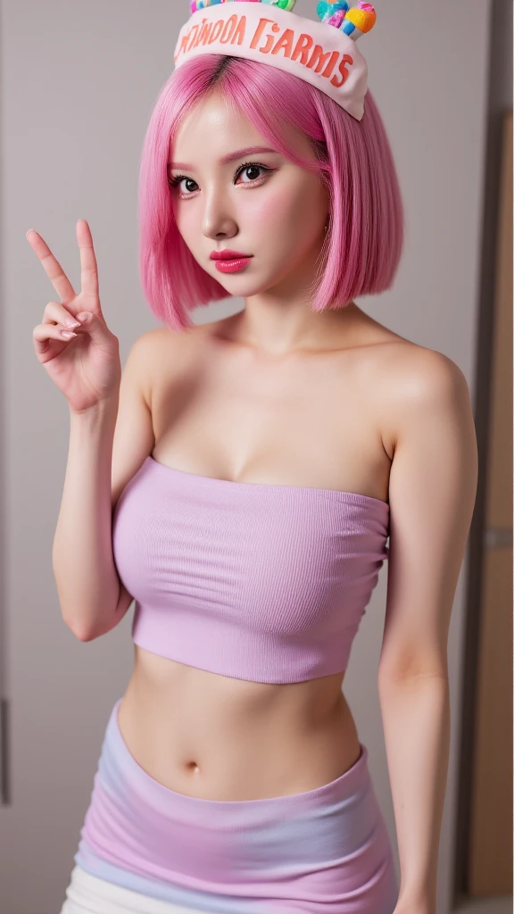 (RAW Photos) Girl in sexy t-shirt, I pressed my arms against my chest.., (Big breasts：1.5), Cleavage, Medium Long Hair, (pink and blue hair), Upper body photo, Realistic Light, Surreal, Highest quality, 8K, ((Beautiful Hands)), Correct Anatomy.